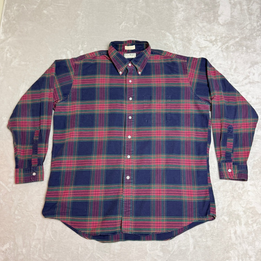 Vintage LL Bean Plaid Button Down Shirt Mens 17.5-35 Navy Maroon Maine USA Made